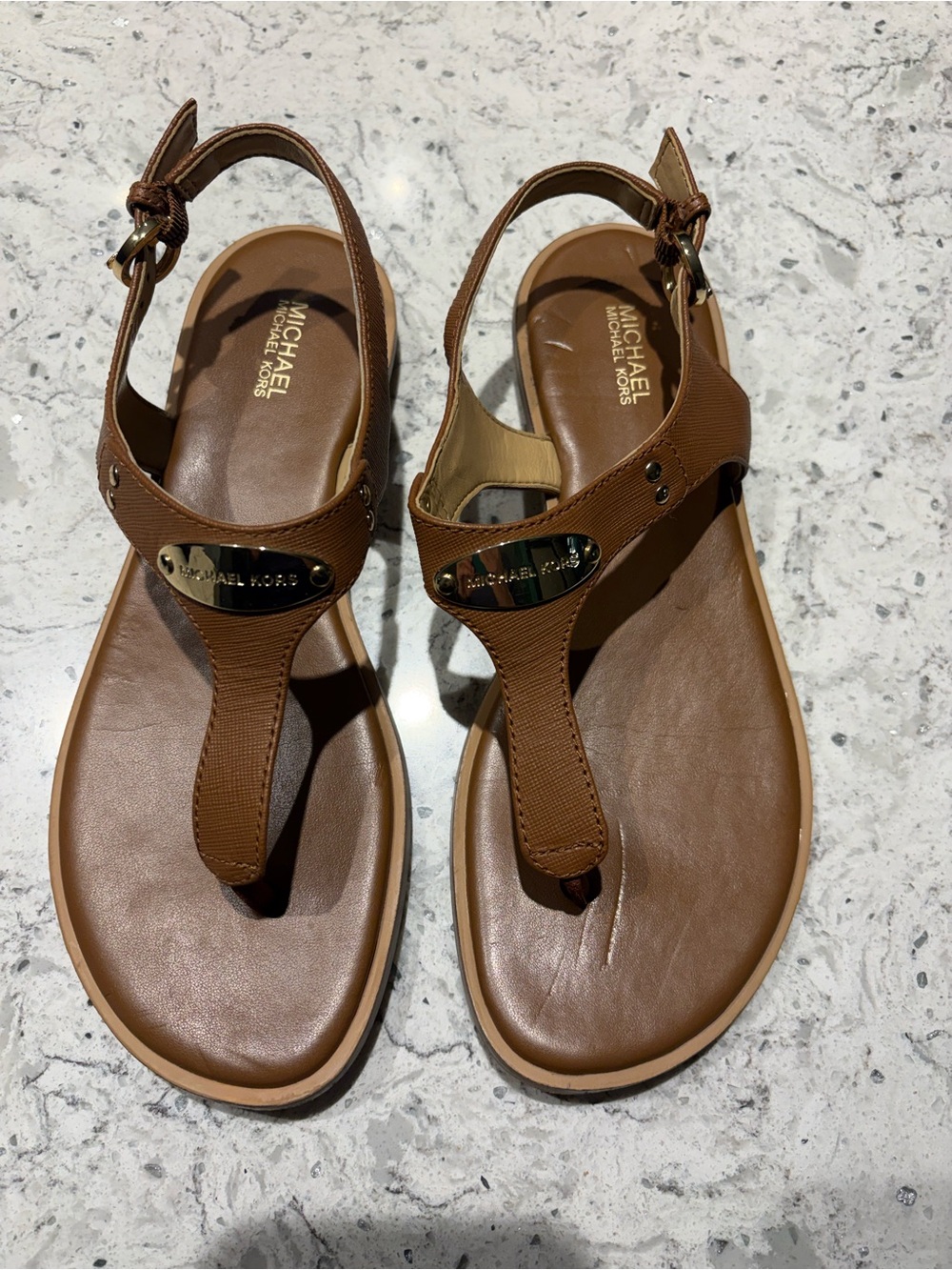 Michael Kors Brown Leather T-Strap Sandals with Gold Plate
